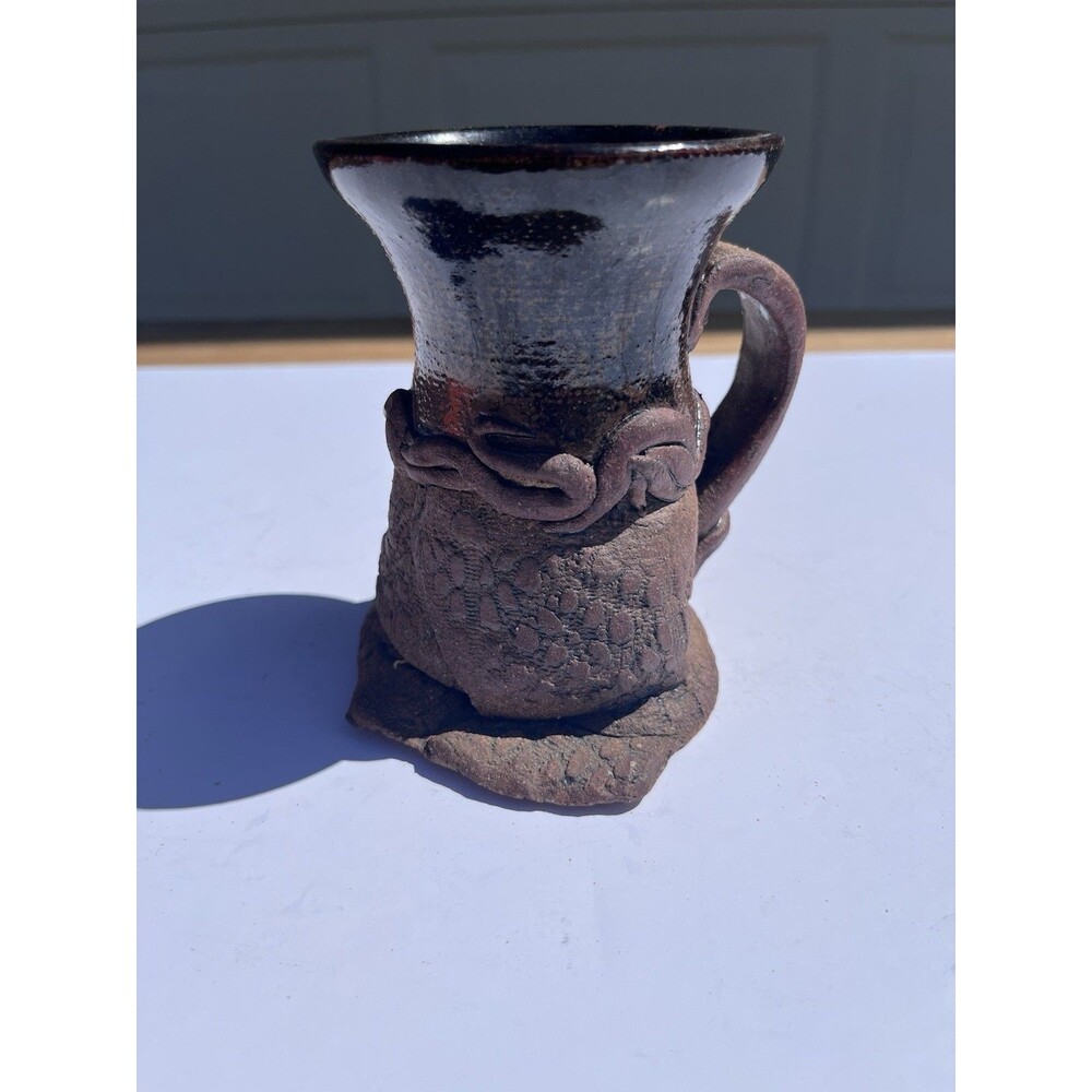 Hand Thrown Studio Art Pottery Brown Glazed Rustic  Signed Ugly Coffee Mug